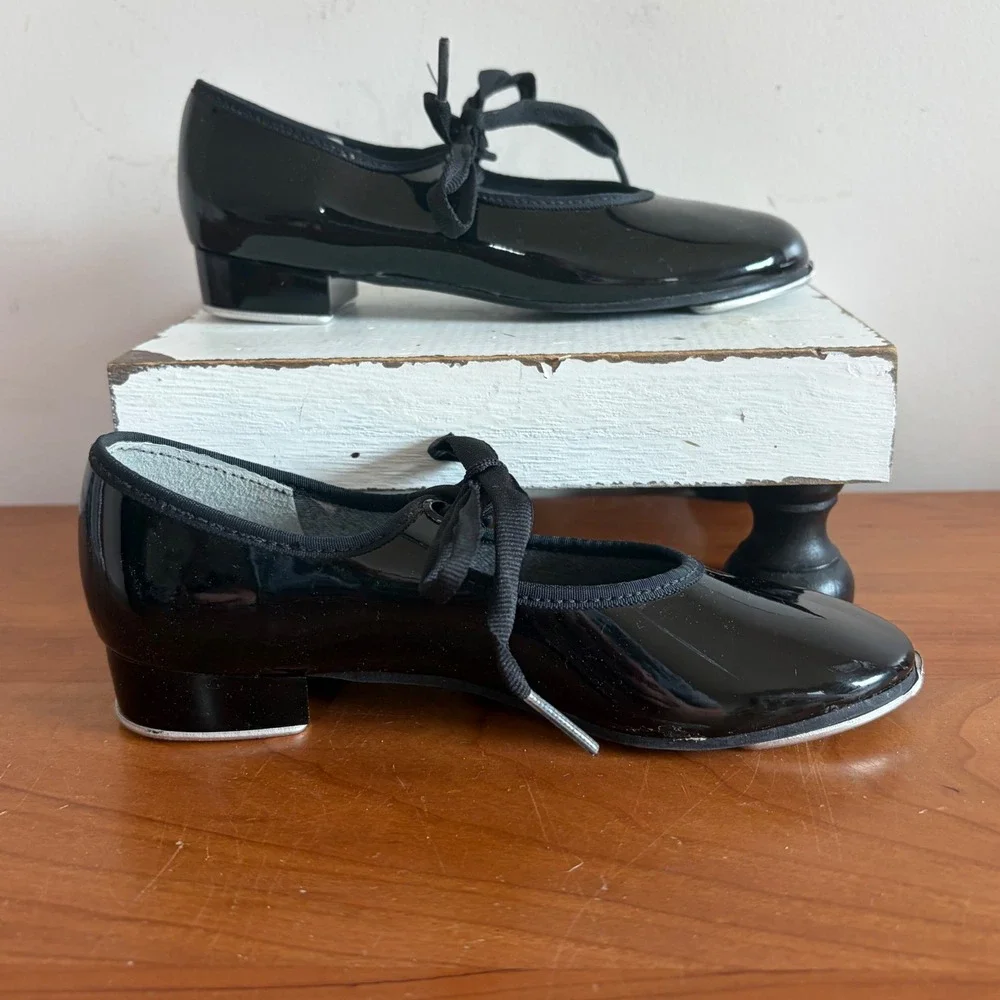 Spotlights Kids Black Patent Leather Tap Shoes Ribbon Tie Made in USA Size 9